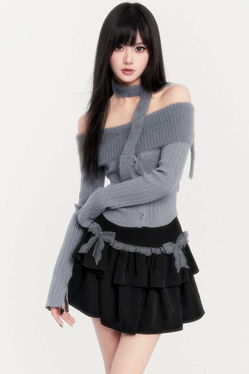 Off Shoulder Knit + Ribbon Tiered Skirt