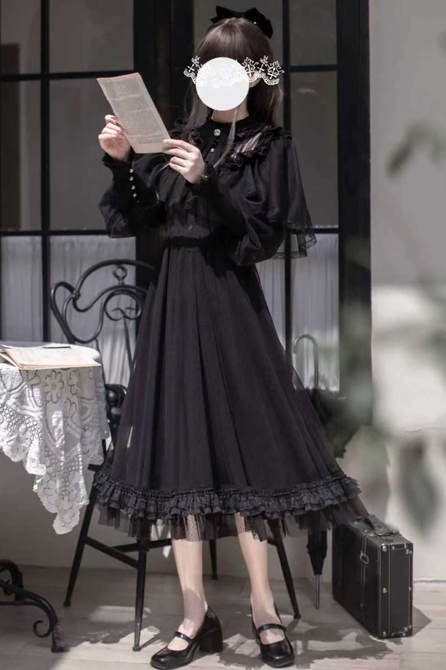 Dark Black Dot Gauze Shawl Dress