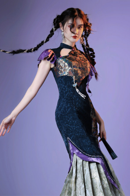 Colorful Weave Pleated Cheongsam Dress