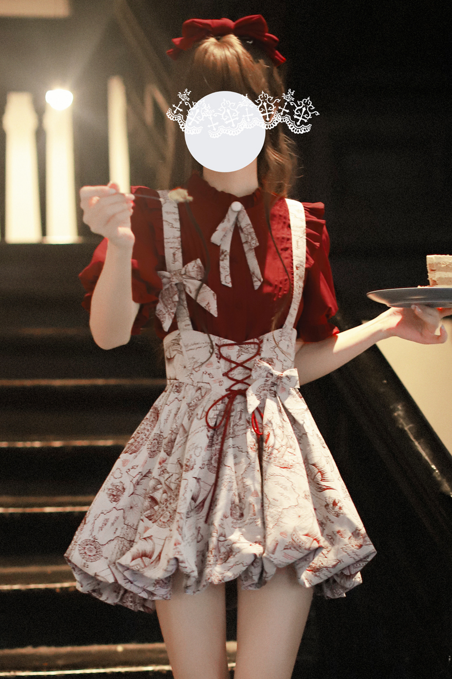 [pre-order] Wine Red Puff Sleeve Shirt + Balloon Jumper Skirt
