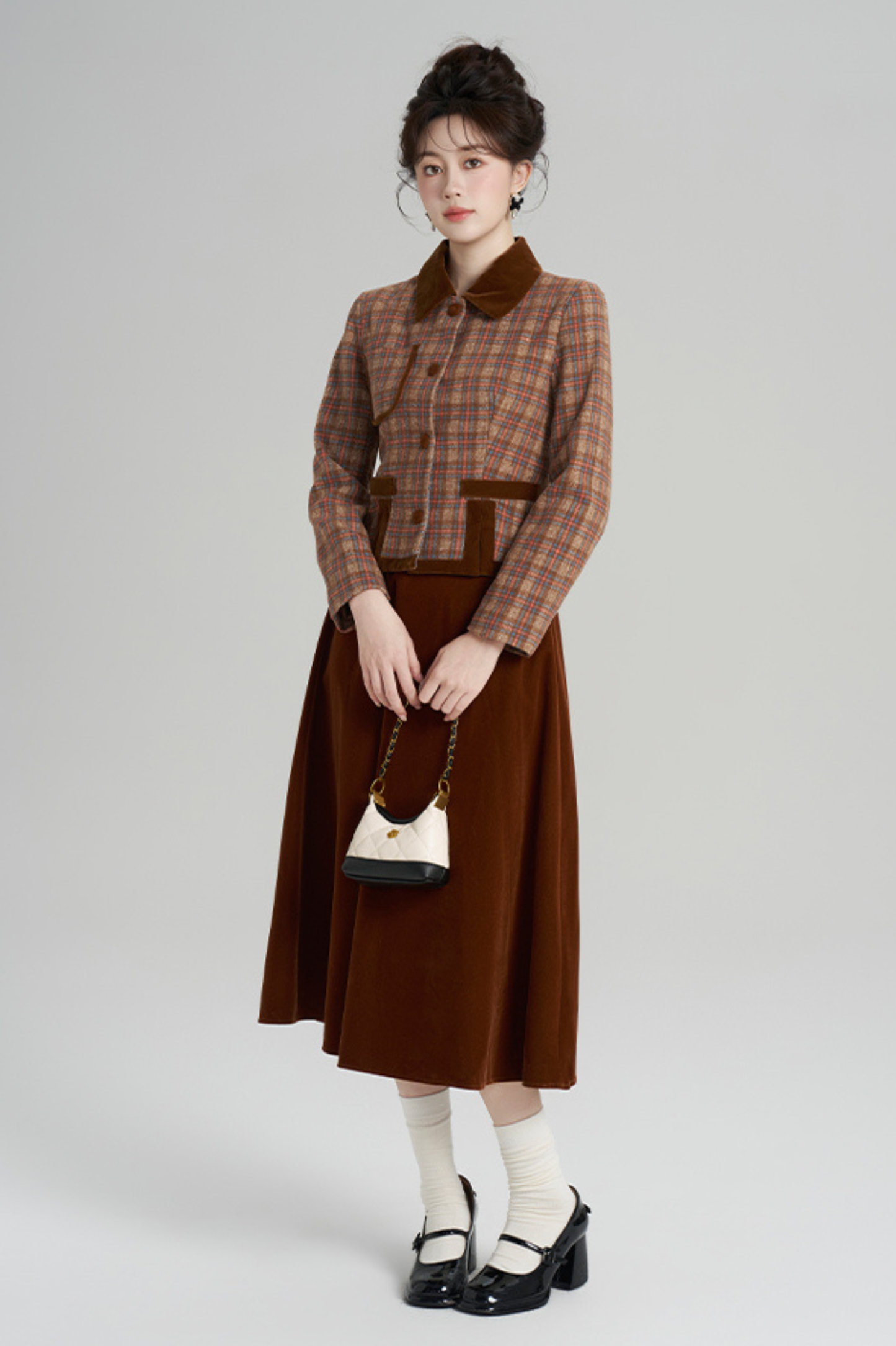 Plaid Jacket + Retro Plaid Velvet Skirt
