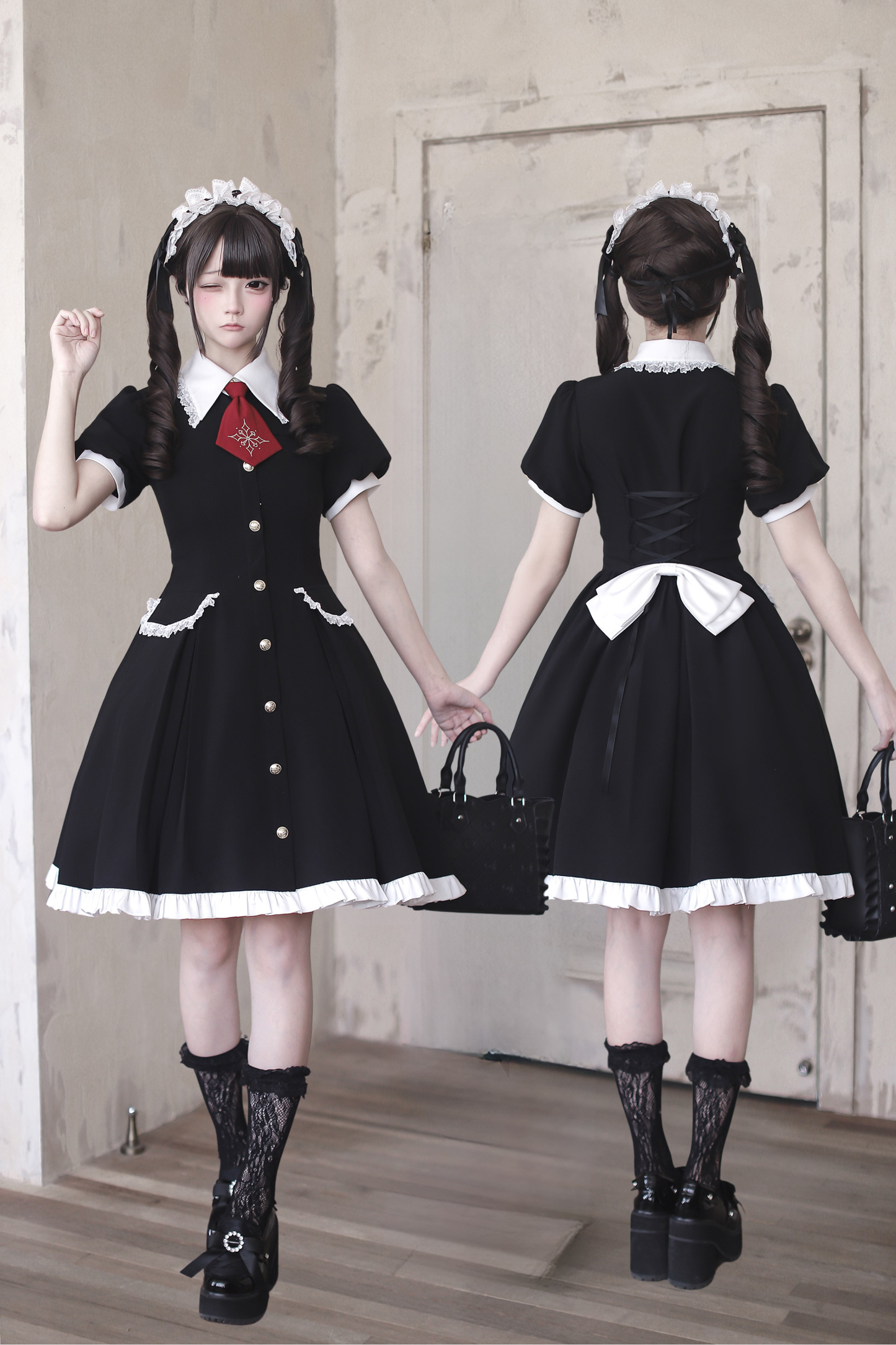 [pre-order Deadline: April 29] Black X White Gothic Lace Red Tie Collar Lolita Dress Type A/b