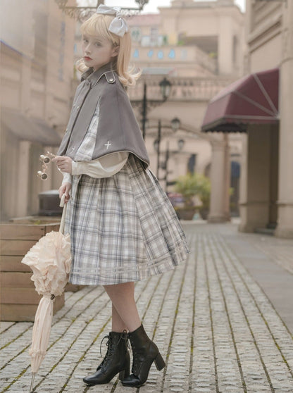 Bow Collar Volume Sleeve Plaid Dress + Cross Plaid Cape Coat
