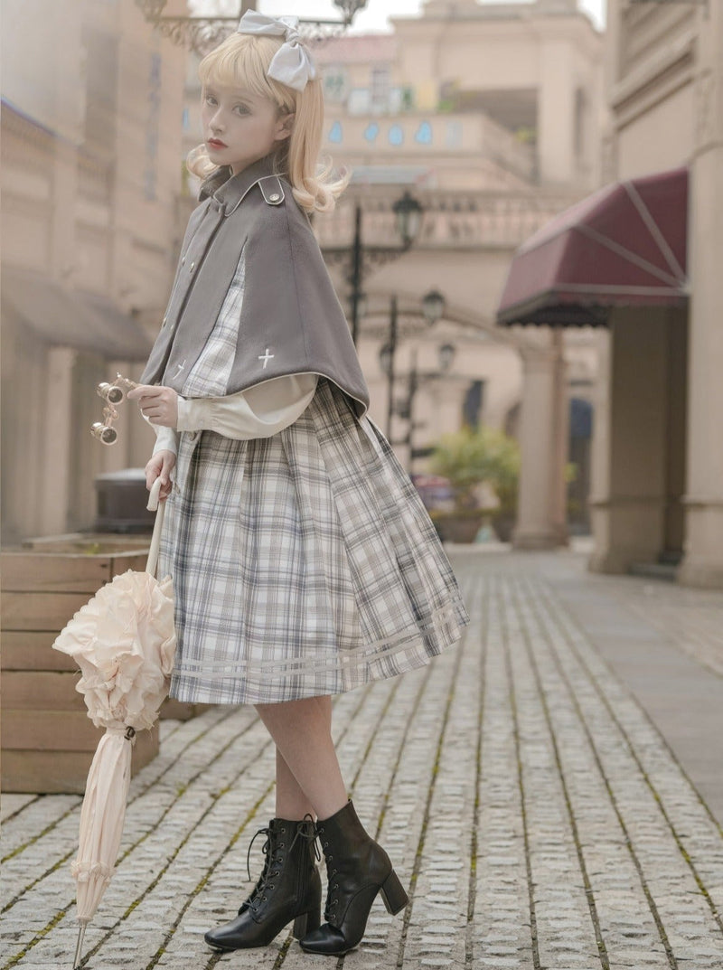 Bow Collar Volume Sleeve Plaid Dress + Cross Plaid Cape Coat