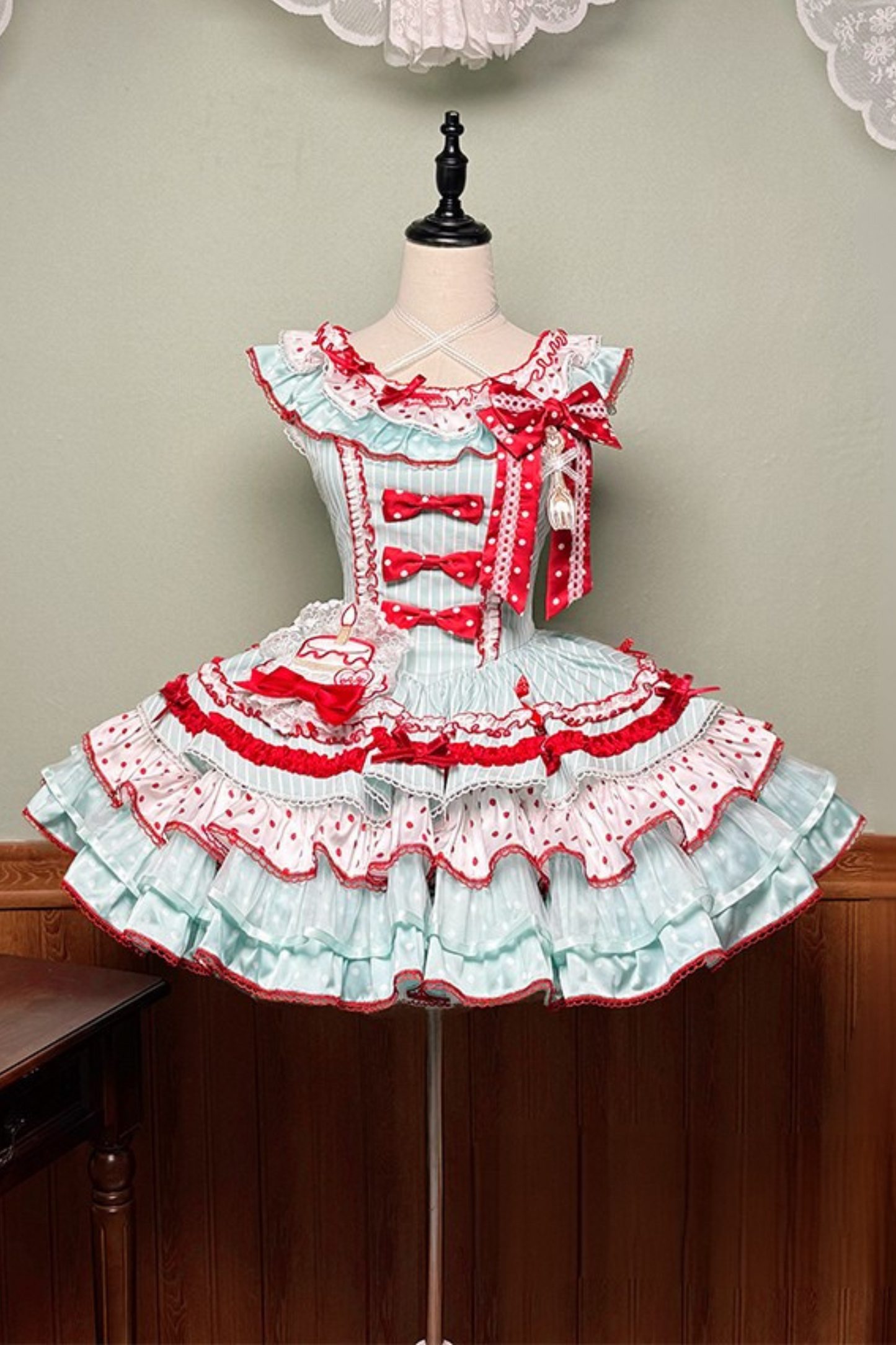 [pre-order Deadline: April 3] Twin Tiered Lolita Dot Ribbon Striped Dress + Flower Bud Skirt Dress