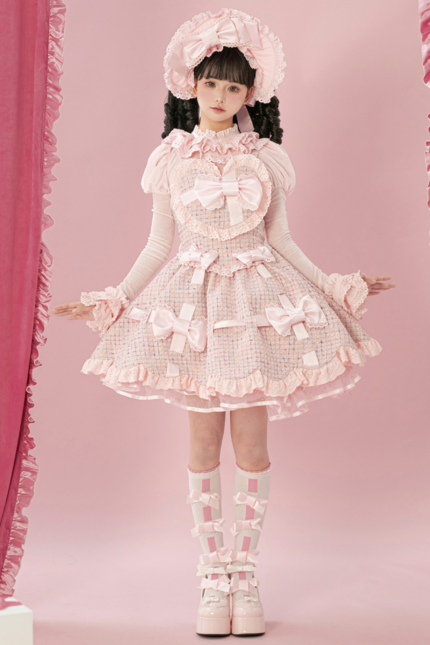 Sweetheart Lolita Suspender Skirt + Ruffle Neck Blouse + Petticoat