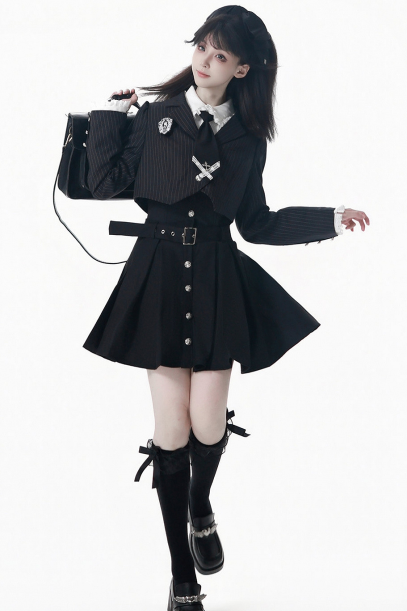 College Jacket + Suspender Skirt + Blouse + Tie