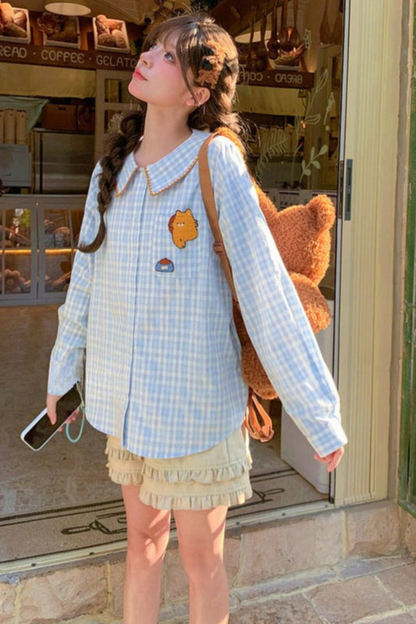 Cat Embroidered Plaid Blouse