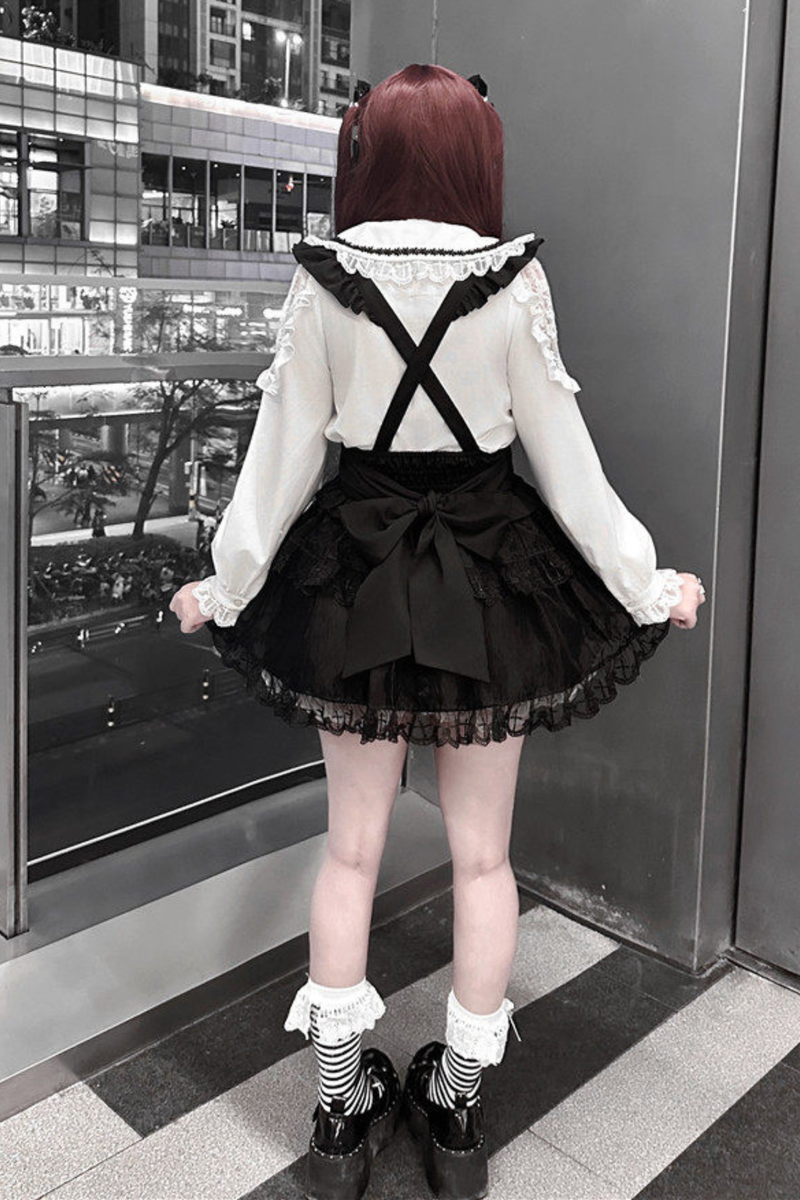 Holy Cross Flutter Sleeve Suspender Skirt + Shirt