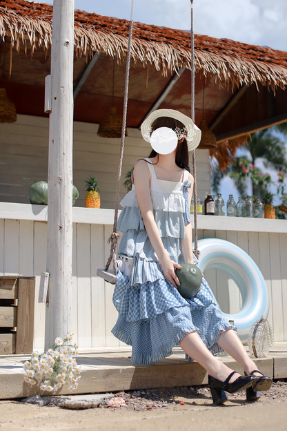 Sky Sweet Tiered Sleeveless Dress + Ribbon Brooch