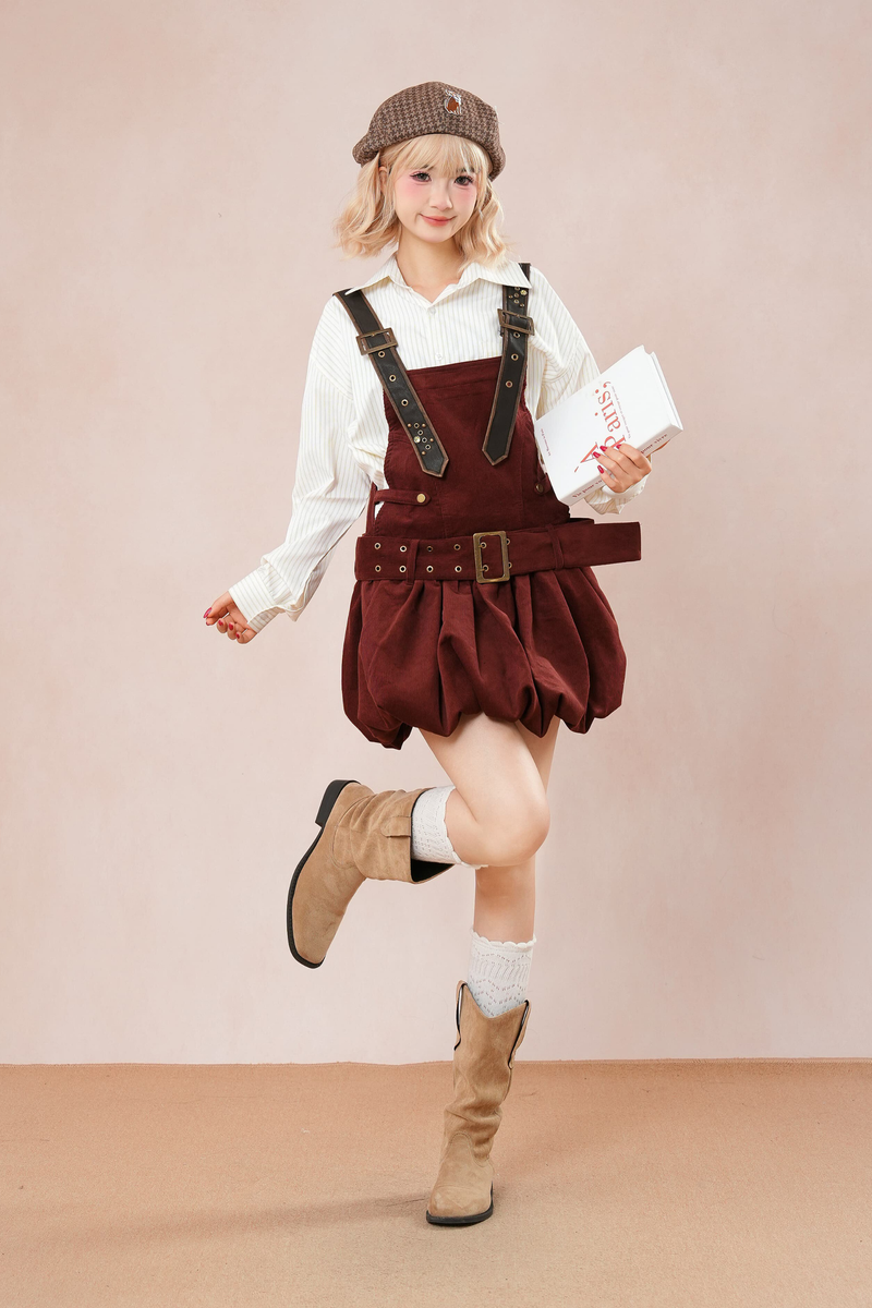 Burgundy Corduroy Suspender Dress
