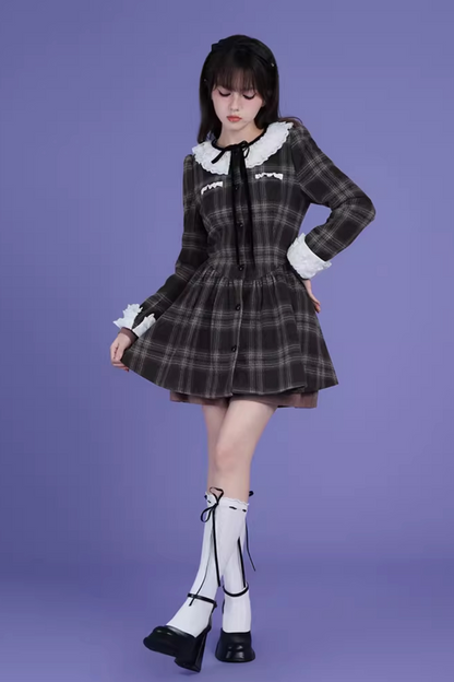 Lace Collar Wool Plaid Dress Coat