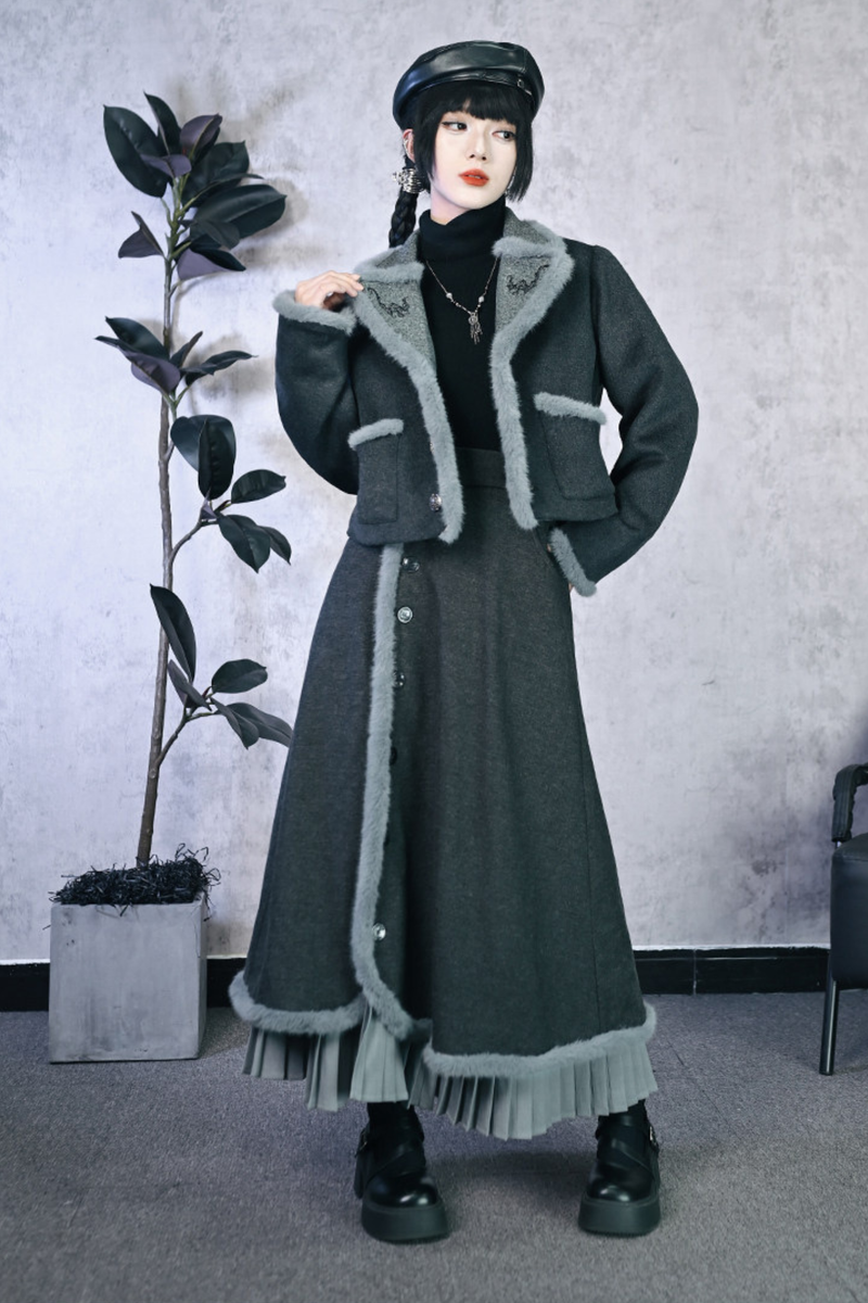 Retro Mode Faux Fur Short Jacket + Skirt
