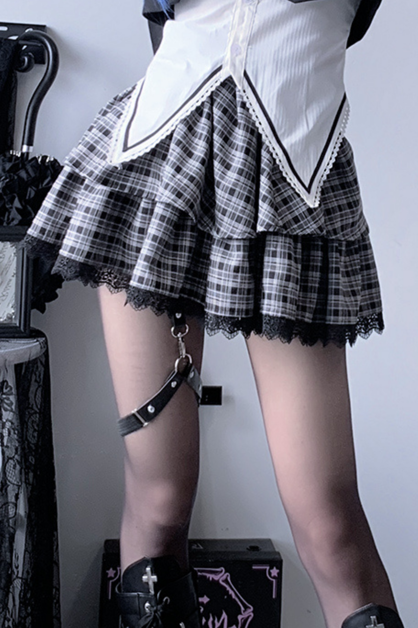 Gothic Style Shirt + Plaid Skirt + Ribbon + Necktie