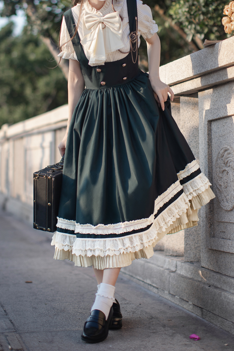 Western-style College Vest Skirt + Puff Sleeve Shirt + Big Ribbon + Brooch
