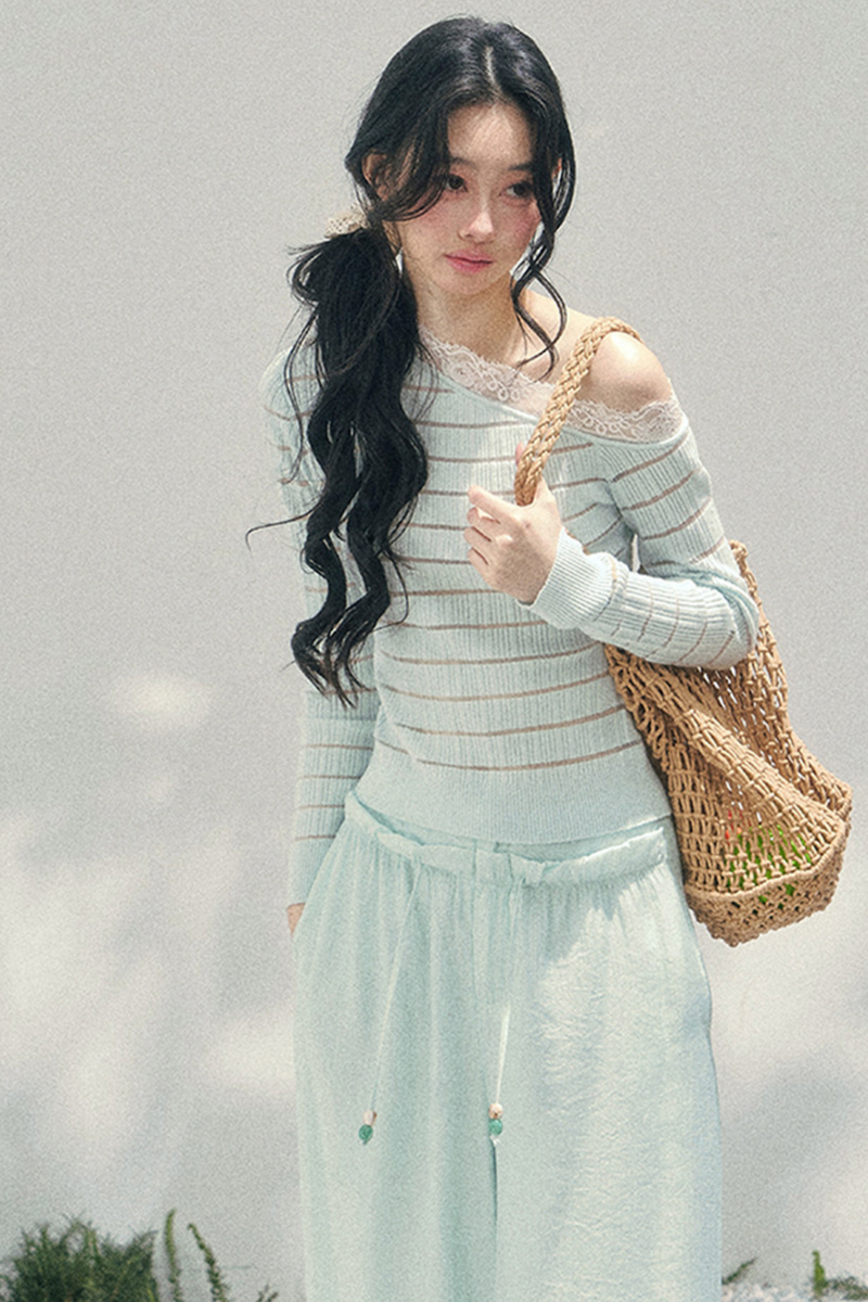 One Shoulder Glance Lace Striped Top