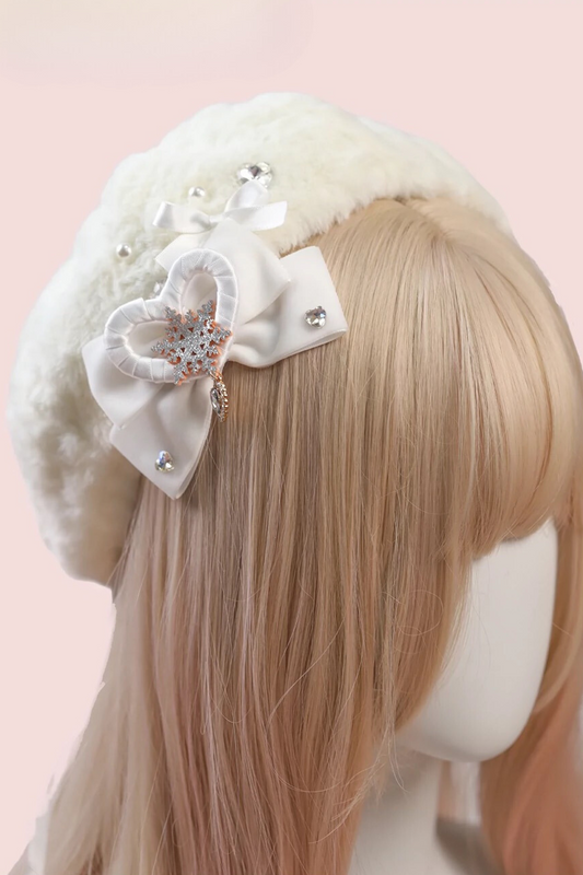 Ribbon Pearl Fur Beret