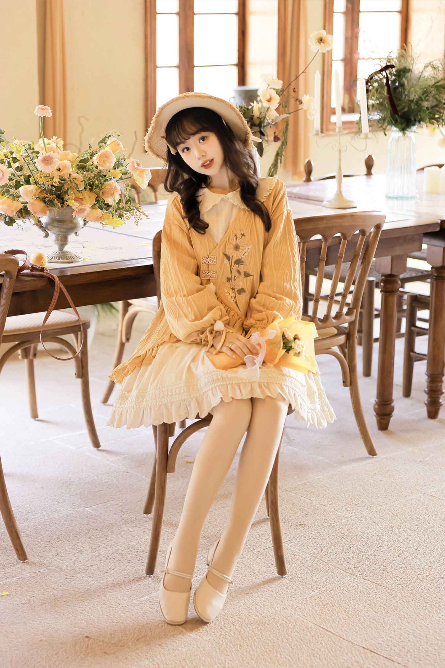 Retro Flower Chinese-style Cardigan + Flared Doll Collar Dress