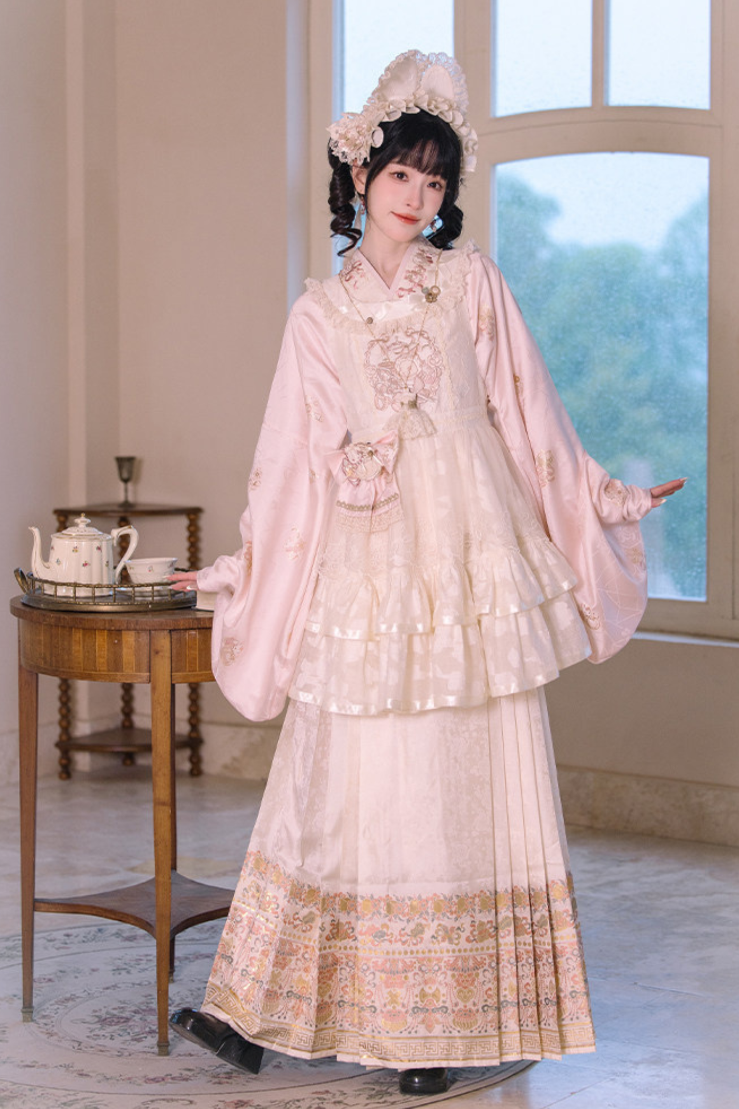 Chinese-style Pastel Top + Apron + Bow + Necklace + Brooch + Hair Accessories
