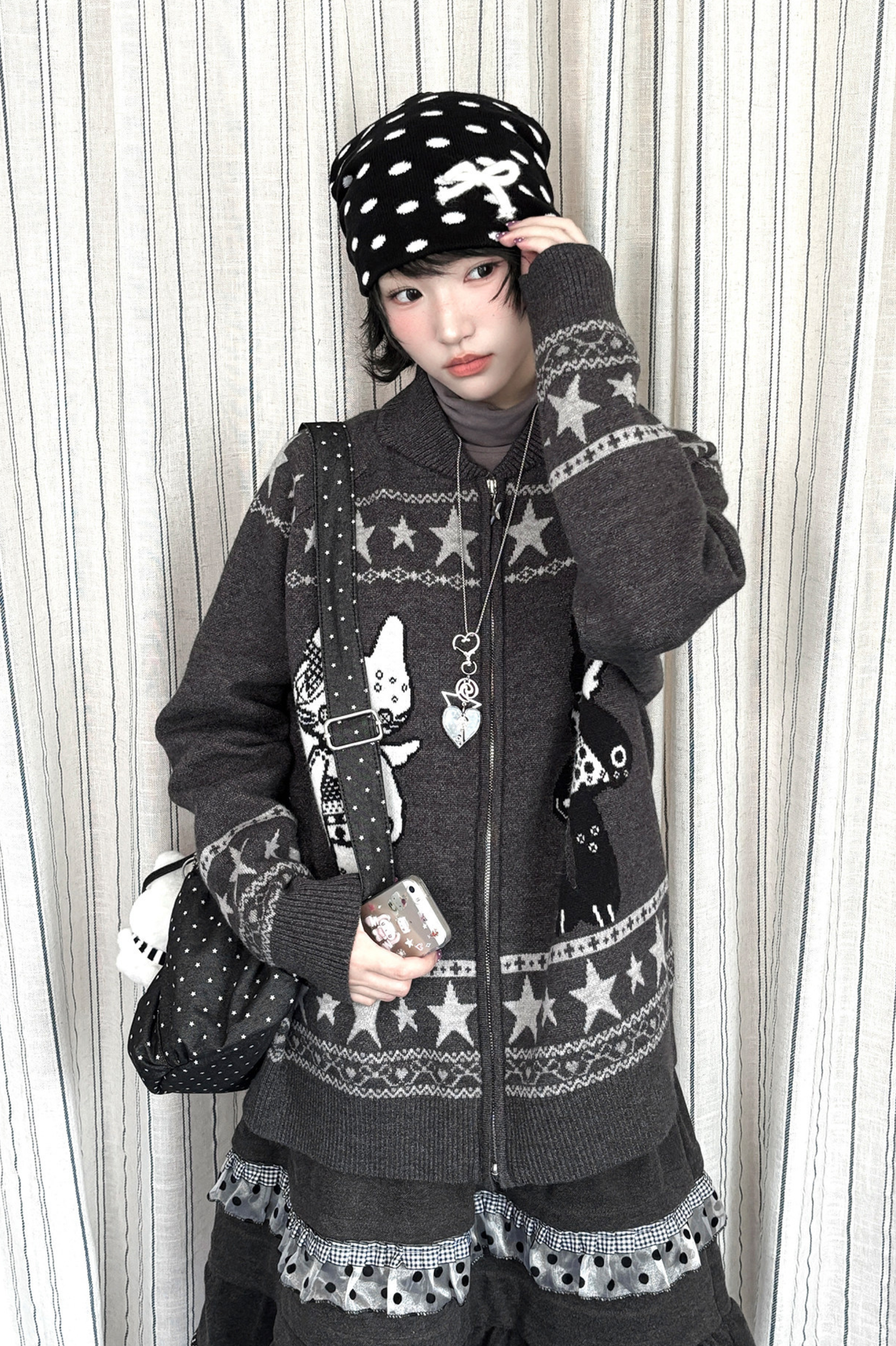 Y2k Jacquard Cardigan + Flared Skirt