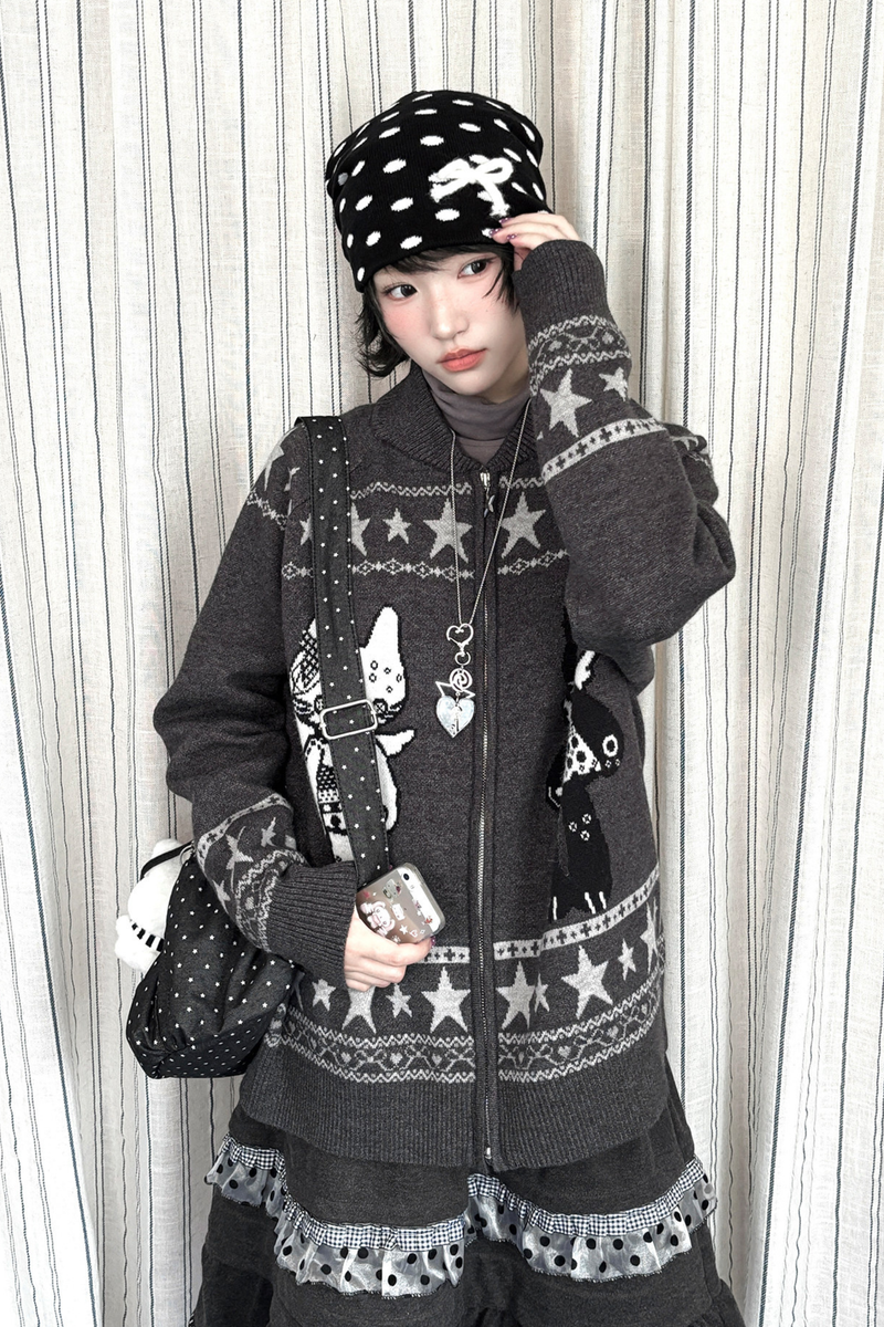 Y2k Jacquard Cardigan + Flared Skirt