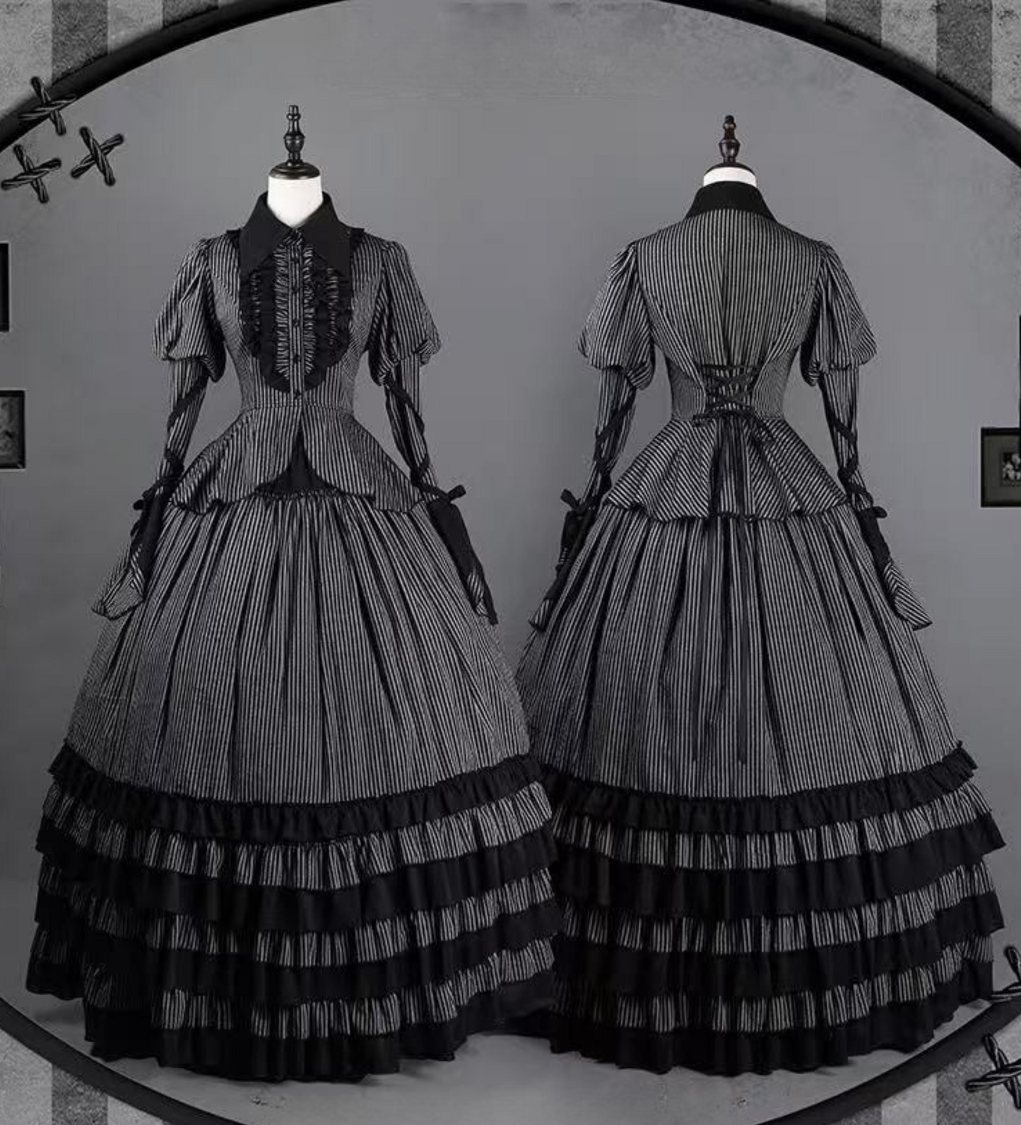 [pre-order] Dark Striped Gusset-sleeved Shirt + Corset + Skirt