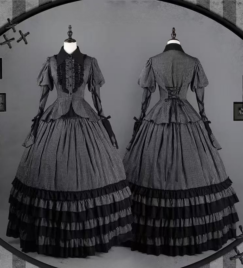 [pre-order] Dark Striped Gusset-sleeved Shirt + Corset + Skirt