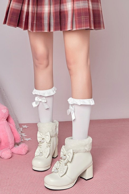Double Ribbon Fur Short Boots