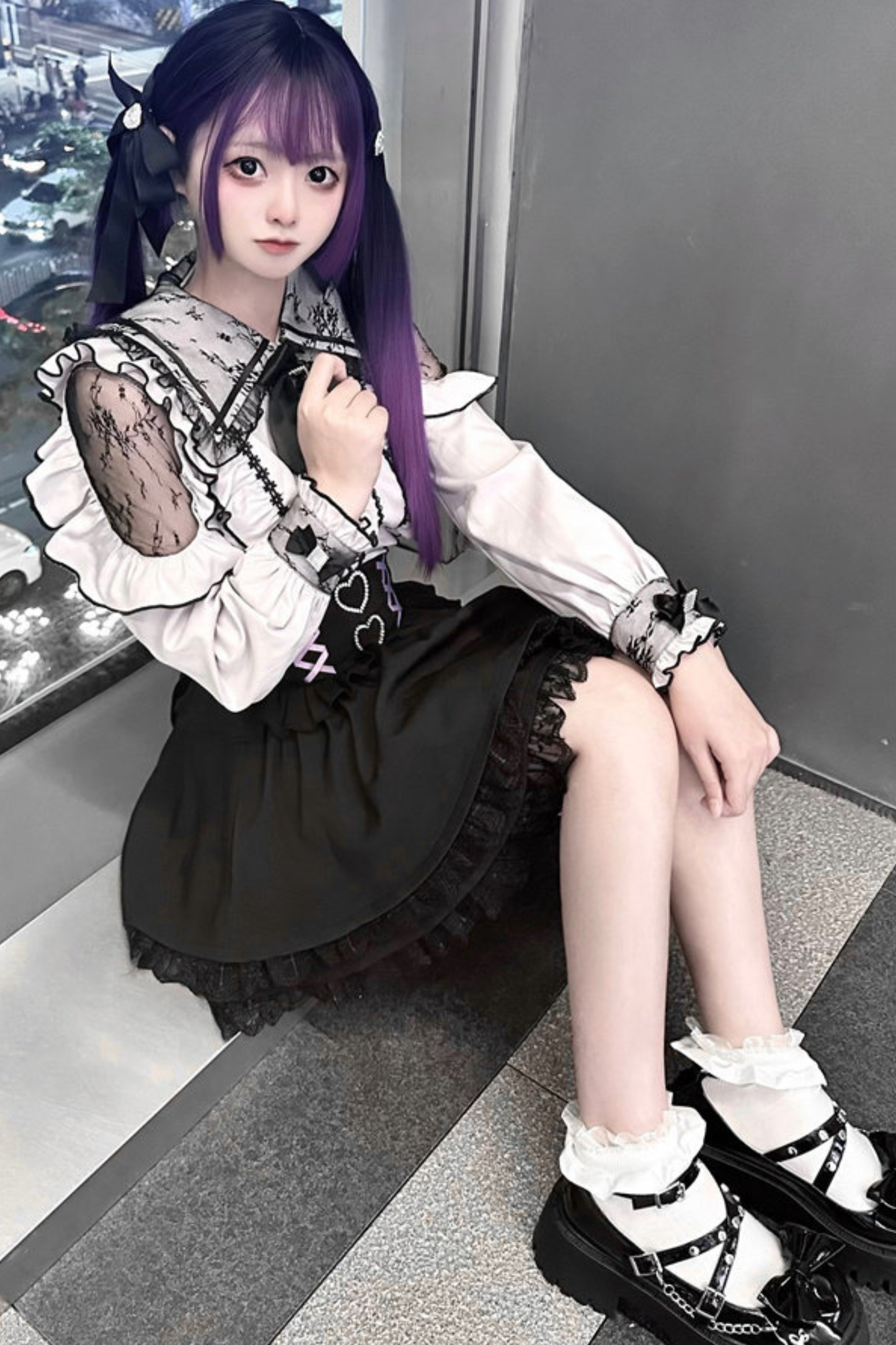 Lace Dark Shirt + Flare Skirt