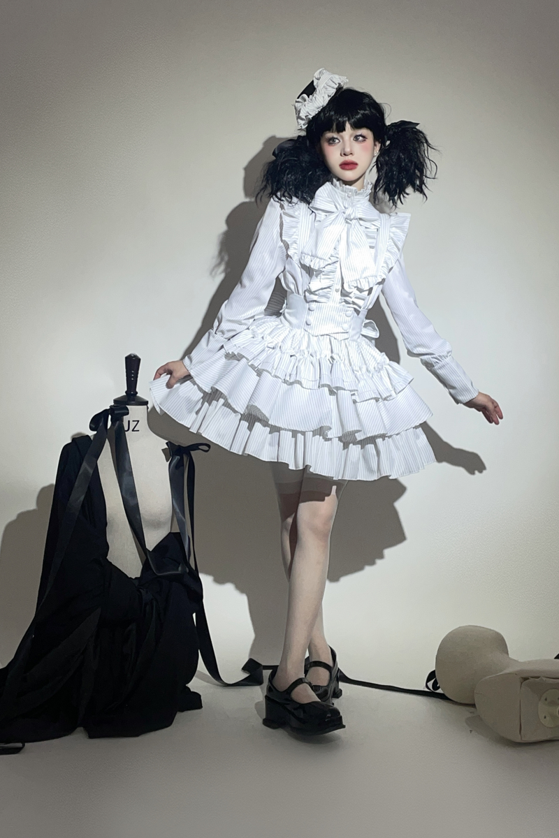 Striped Gothic Lolita Shirt + Tiered Skirt