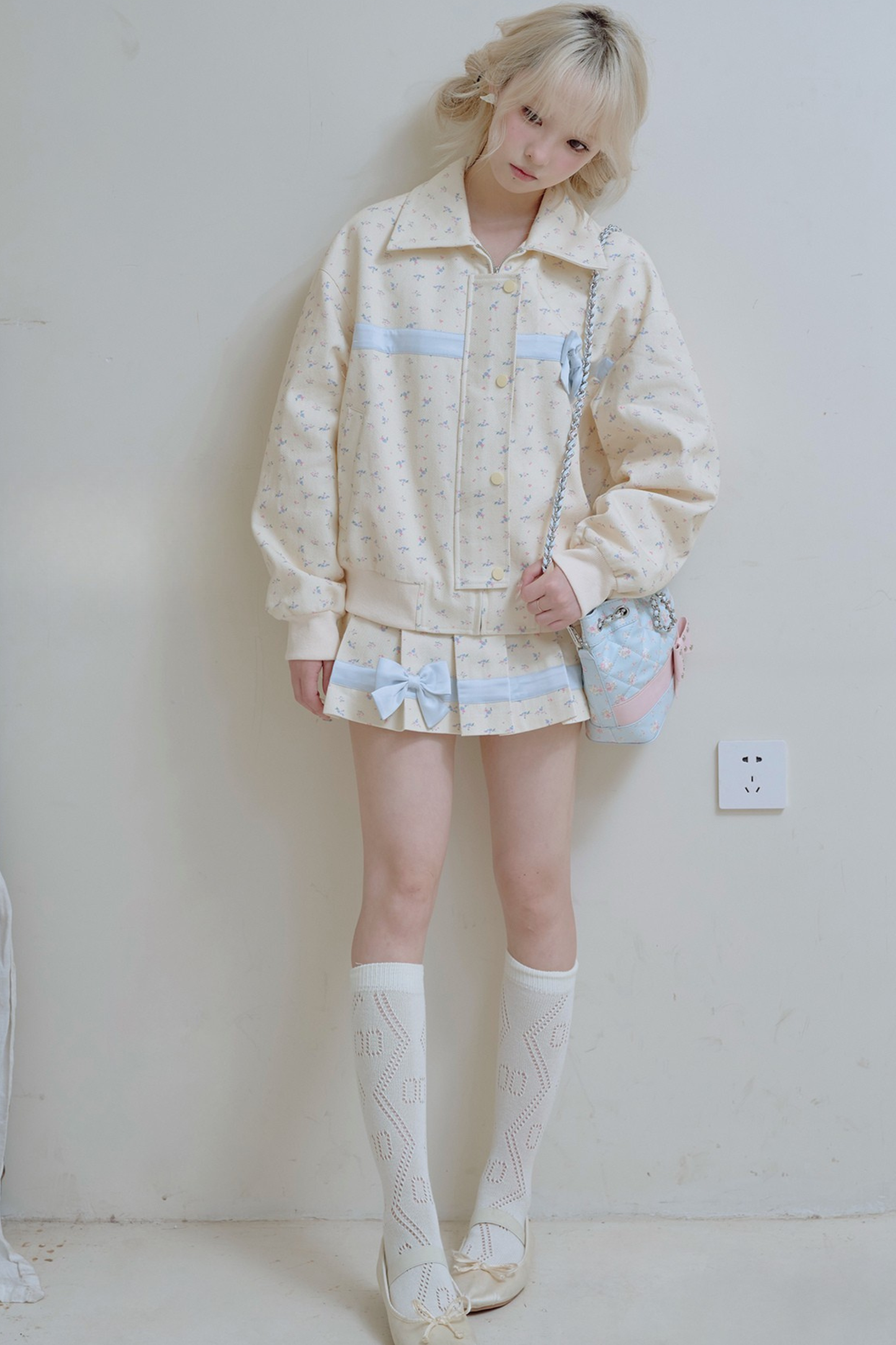 Flower Ribbon Jacket + Pleated Skirt