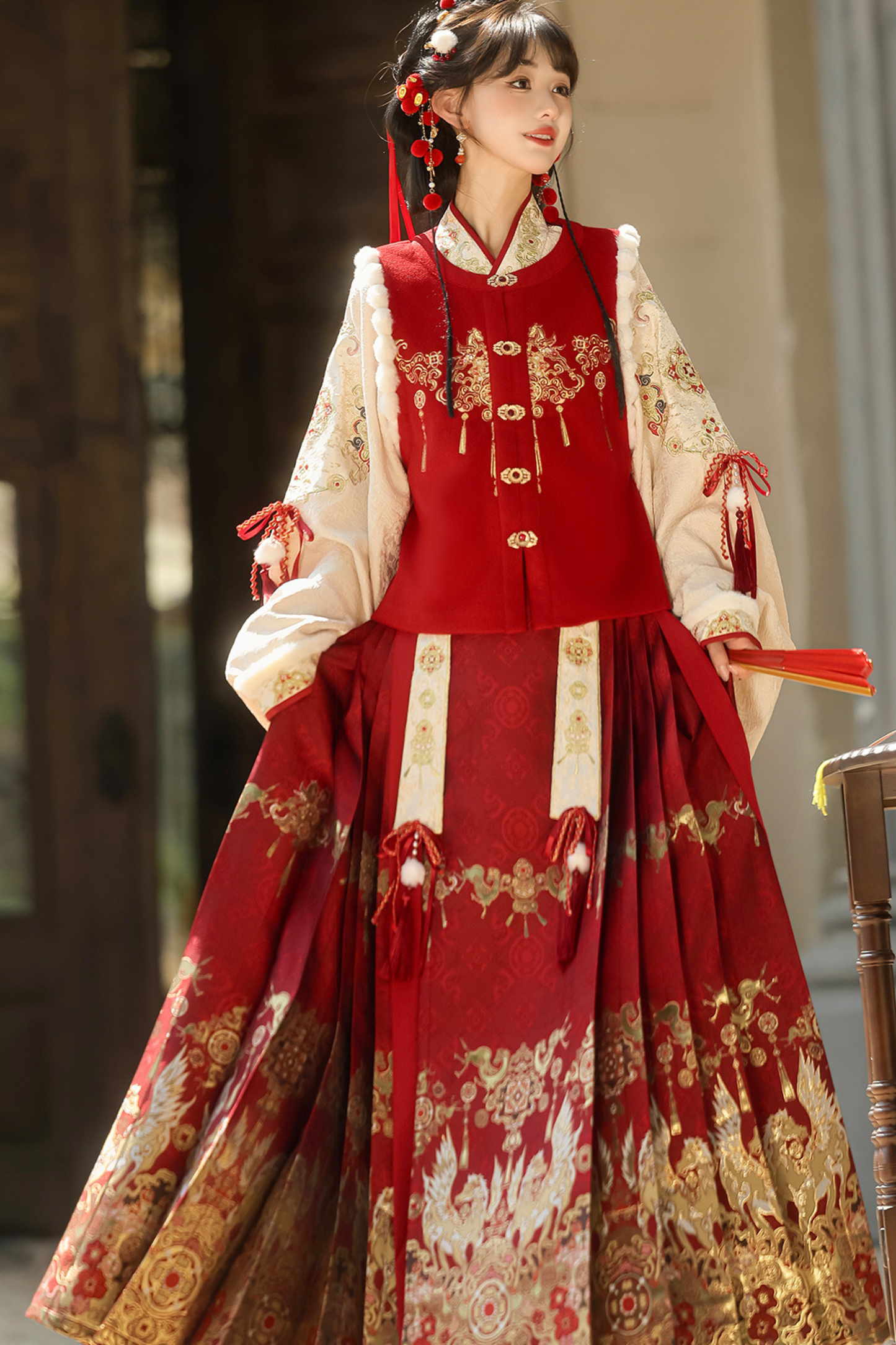 Retro Chinese-style Top + Skirt + Vest + Shoulder