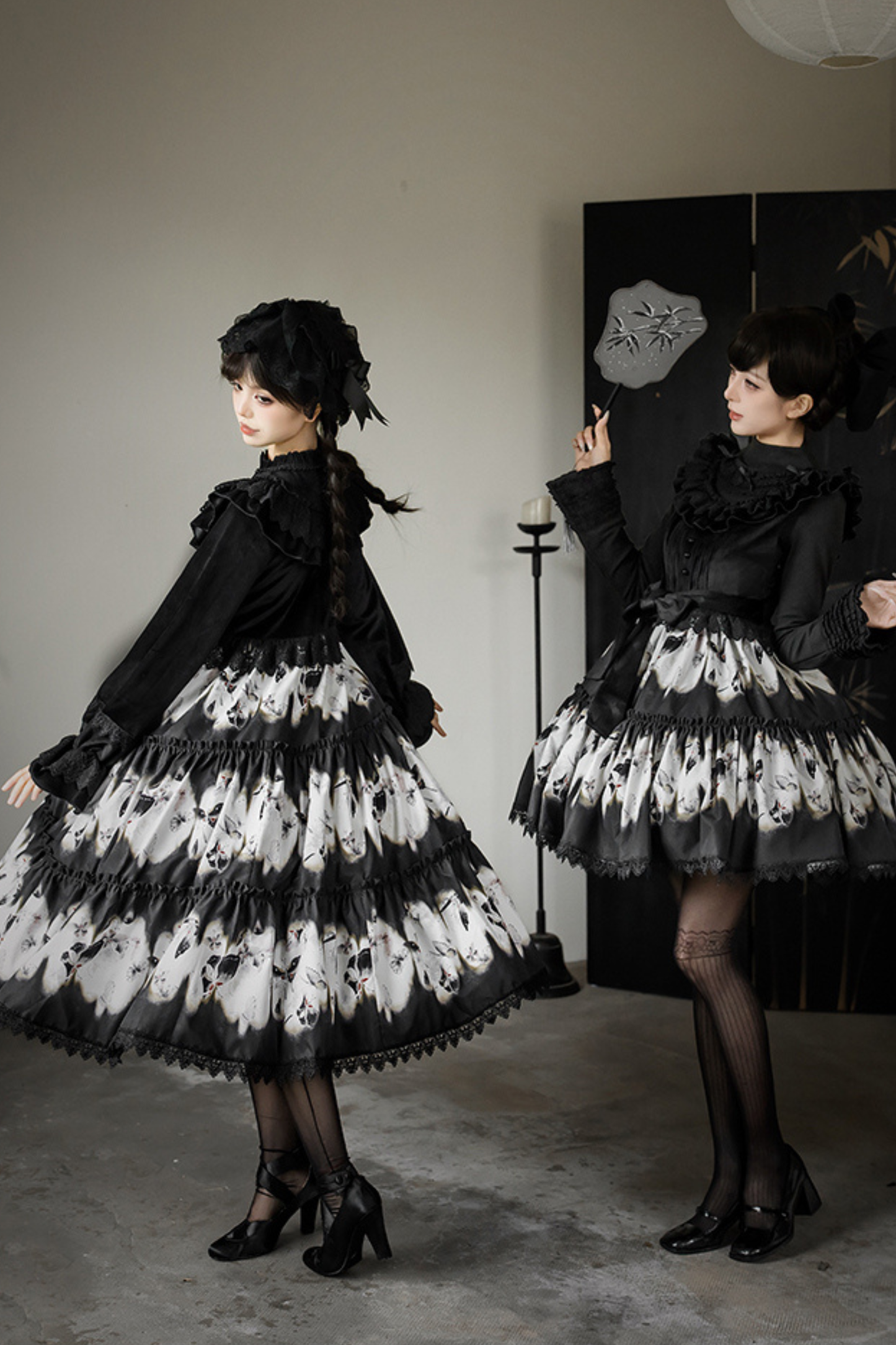 Butterfly Print Swing Lolita Dress + Jumper Skirt + Hairband + Innerwear + Ribbon
