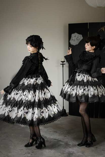 Butterfly Print Swing Lolita Dress + Jumper Skirt + Hairband + Innerwear + Ribbon