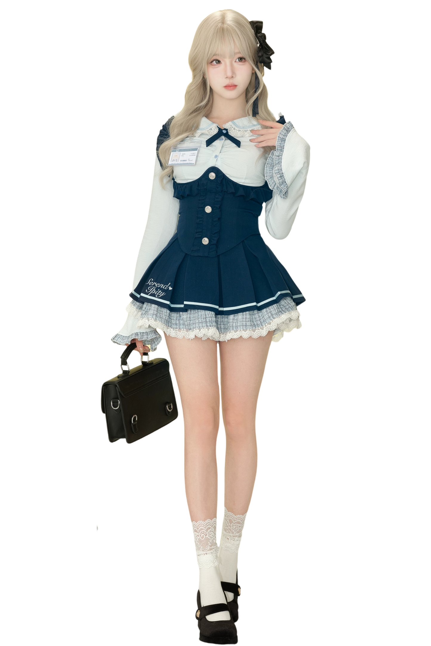 Ice Blue Shirt + Halter Neck Vest + Plaid Skirt