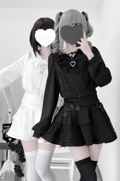 Ribbon Girly Cat Ear Hooded Zip Hoodie + Flare Skirt