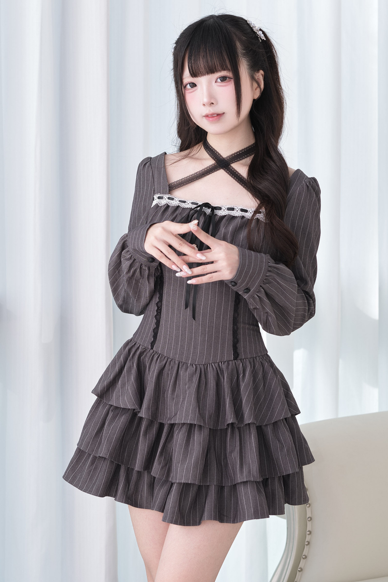 Striped Plaid Cross Neck Ruffle Dress