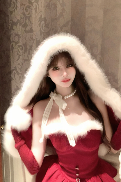 Red Velvet Cake Fur Coat + Suspender Skirt + Sleeves