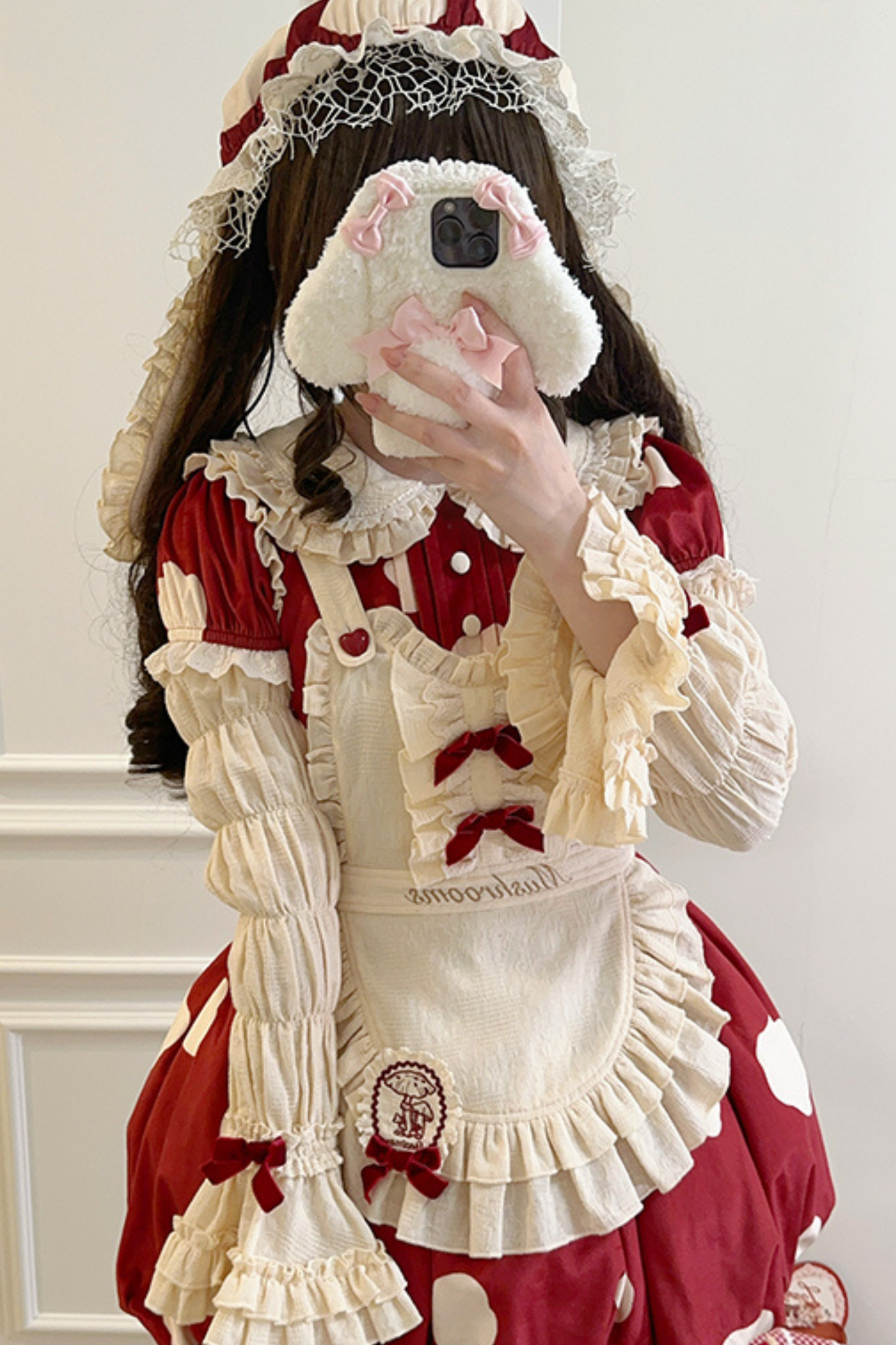 Mushroom Doll Dress + Ribbon Ruffle Apron + Ruffle Sleeves + Bunny Ear Hat