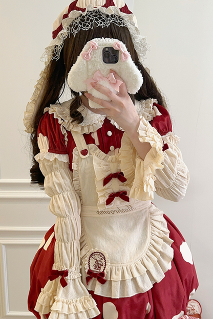 Mushroom Doll Dress + Ribbon Ruffle Apron + Ruffle Sleeves + Bunny Ear Hat