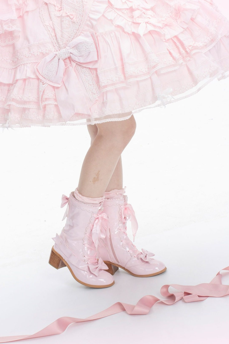 Ribbon Lace Up Mid Calf Boots