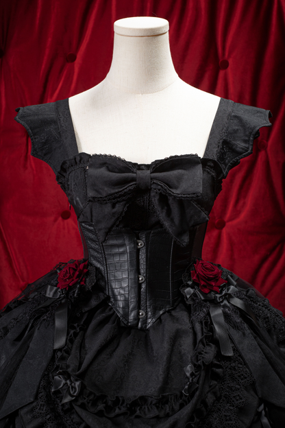 Dark Gothic Ruffle Lolita Dress + Waist Belt + Train + Hairband