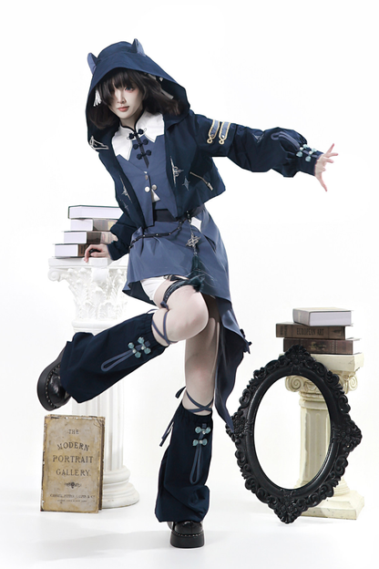 Subculture Cat Ear Hooded Jacket + Asymmetrical Dress + Leg Warmers + Ring