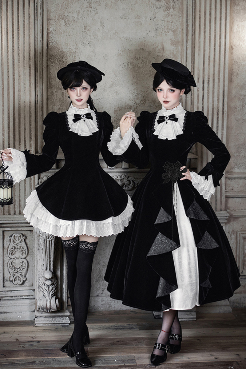 Slim Contrast Color Twin Dress + Collar + Bow + Brooch + Hat
