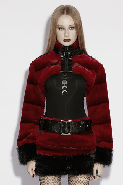 Red Stand Collar Long Sleeves Buckle Straps Faux Fur Punk Short Cloak