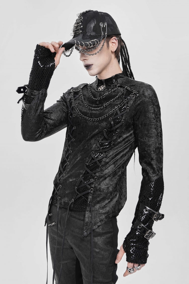 Black Stitching Lace-up Mesh Chain Punk Blouse
