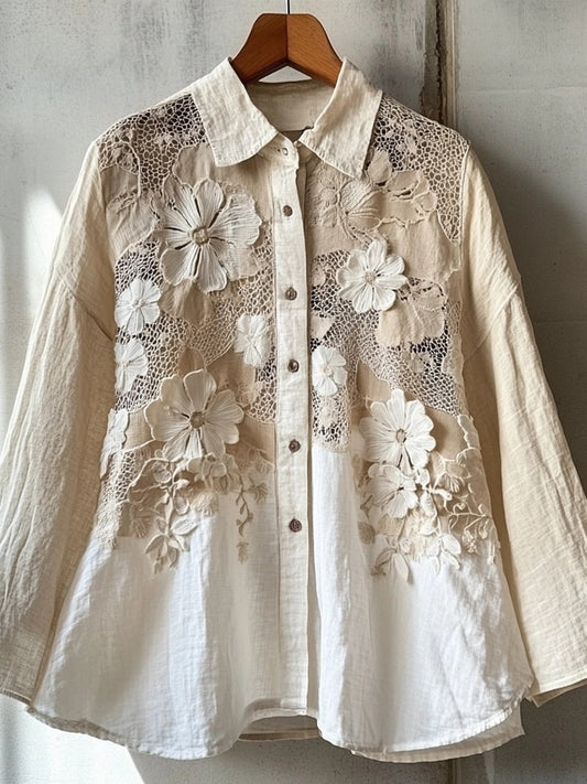 Vintage Boho Hollow Floral Lace Patchwork Linen Blouse elevenforest