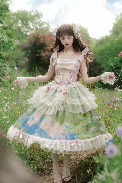 [pre-order Deadline: July 4] Monet Garden Oil Handle Classical Bustier Top + Skirt + Tulle Veil + Ribbon