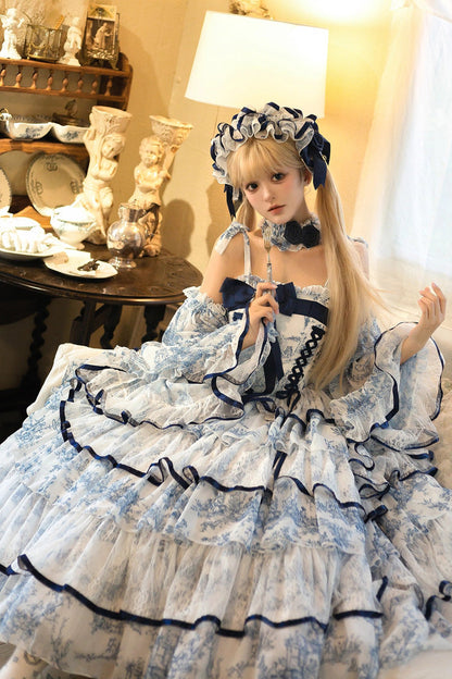 Blue/white Sleeveless Multi-layered Print Bowknot Fishbone Sweet Classic Chinese Style Lolita Jsk Long Dress