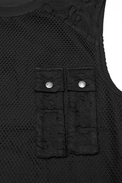 Black Round Collar Sleeveless Stitching Mesh Ripped Punk Vest